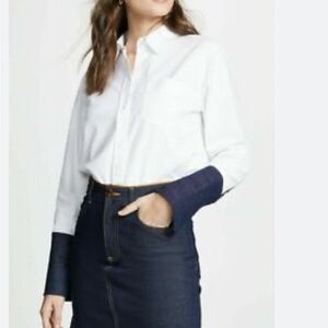 Current/Elliott Bane Shirt Size ‘4’ White /Navy Cuff Button Down Longsleeve New
